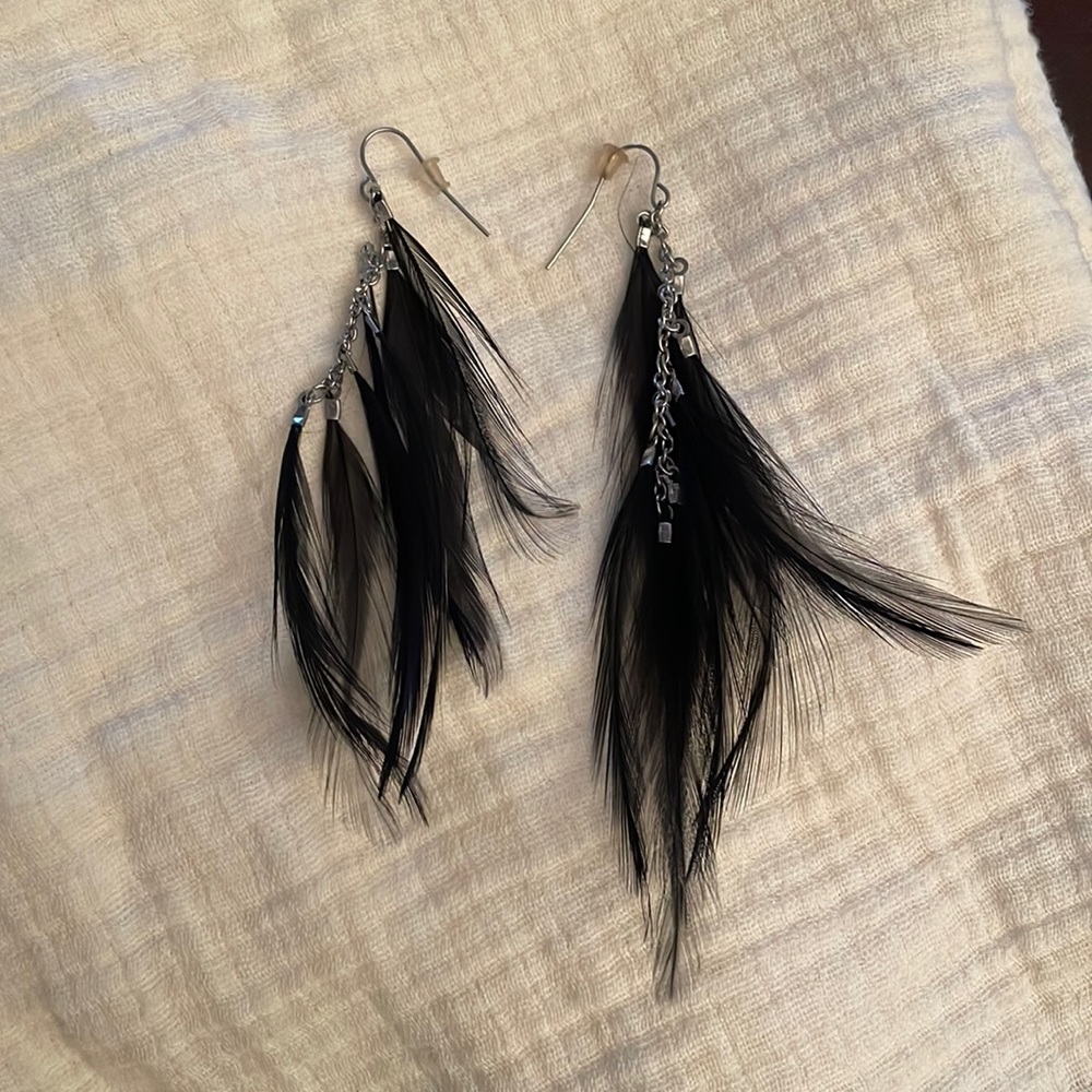 Black feather tassel drop earrings
